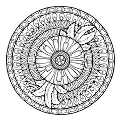 Circle summer doodle floral mandala.
