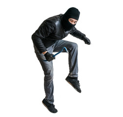 Robber or burglar creeping on tiptoe. Isolated on white. - obrazy, fototapety, plakaty