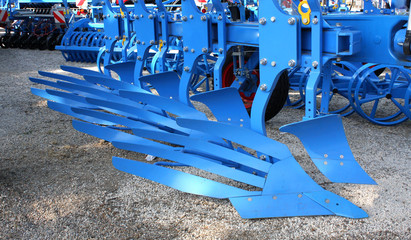 Blue equipment for agriculture, on agricultural exhibition.