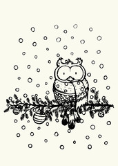 Owl with scarf coloring book illustration.Funny looking character sitting on decorated pine tree branch.