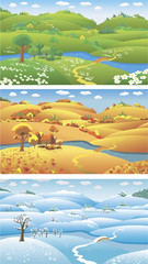 Three seasons: summer, autumn and winter, cartoon vector illustration