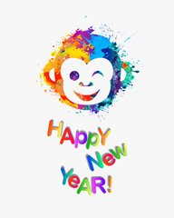  Happy NEW 2016 Year congratulation card. Monkey of splash paint