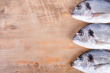 Fresh raw gilthead fishes on wooden background. Healthy food concept. Food frame.