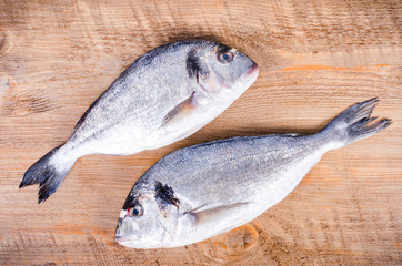 Fresh raw gilthead fishes on wooden background. Healthy food concept. Food frame.