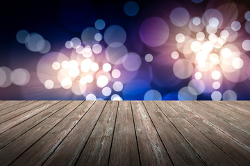 Perspective wood and bokeh light background