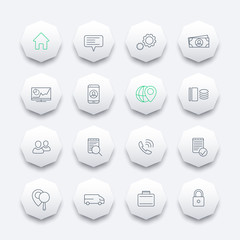 16 business, finance, enterprise line octagon icons set, vector illustration