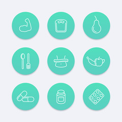 Diet, nutrition, fat loss round aquamarine icons, vector illustration
