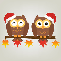 Two owls on maple tree wearing a red santa claus hat. Vector ill