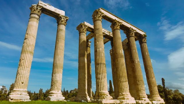 Olympeion, Greek temple of Zeus timelapse sunny bright day wide view