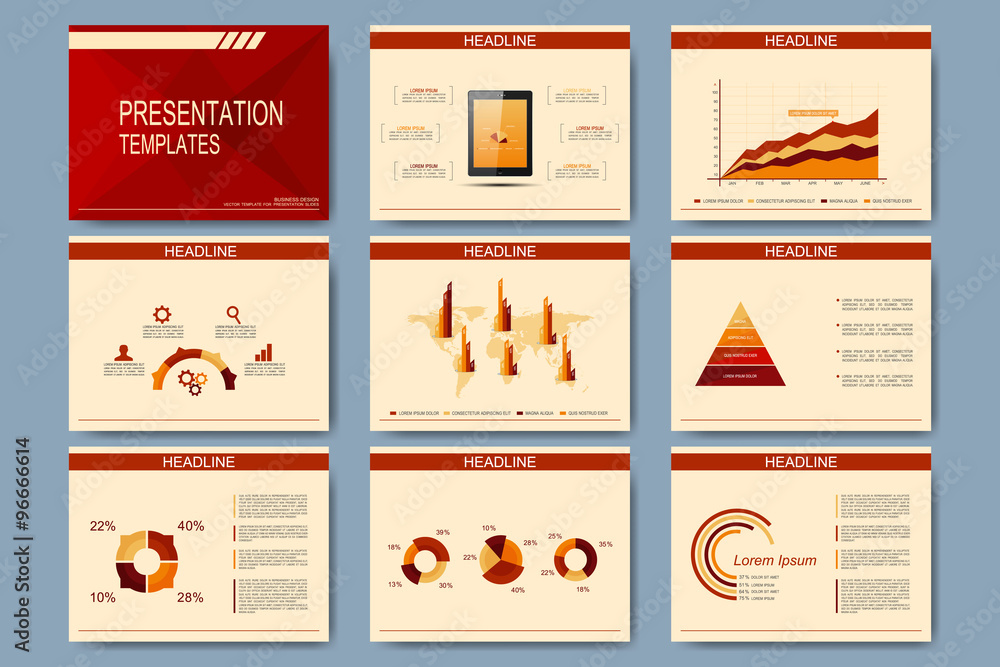 Poster Set of vector templates for presentation slides. Modern business design with graph and charts