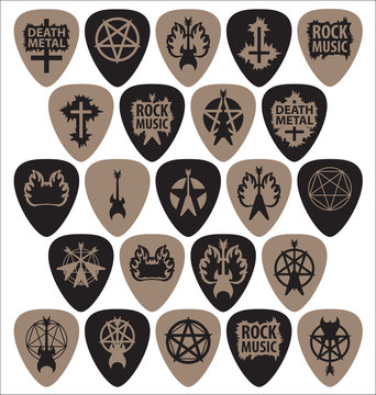 set of pick to play the electric guitar with the characters in the style of hard rock
