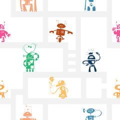 Vector seamless pattern with cartoon robots  on  white  background.