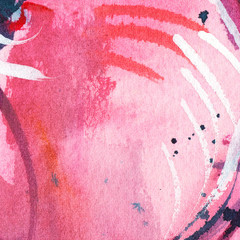 Magenta-pink watercolor stain with splashes, spot, line, dots, abstract watercolor background