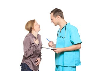 Male doctor interrogates a happy woman patient. Isolated white background