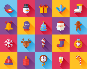 Flat Christmas and New Year icons set