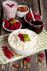 breakfast with fresh homemade cottage cheese with raspberry