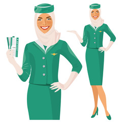 Arab Air hostess. Muslim Stewardess holding ticket in her hand. Woman in official clothes