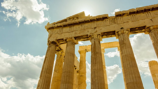 4K Acropolis parthenon site timelapse pillars bright sunny sky 30p