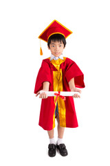 Cute Little Boy Wearing Red Gown Kid Graduation With Mortarboard