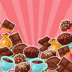 Chocolate background with various tasty sweets and candies