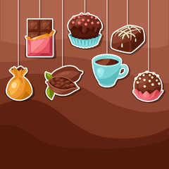 Chocolate background with various tasty sweets and candies