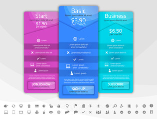 Light pricing list with 3 options. Different shapes of tables. Icon set included