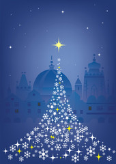 Christmas tree in Historical town.
Abstract Christmas tree  on the Winter Historical town decorative  background. Vector illustration available.
