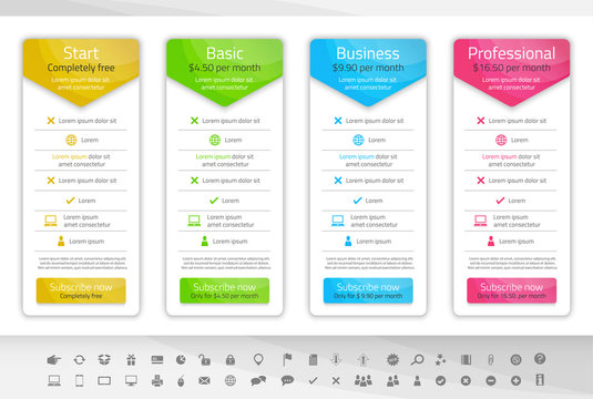Light pricing table with 4 options. Icon set included