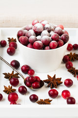 Fresh cranberries coated of sugar powder.