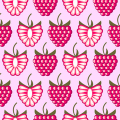 Seamless fruits vector pattern, bright color background with raspberries, whole and half, over pink backdrop
