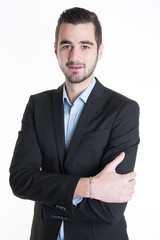 Portrait of happy smiling business man, isolated on white background