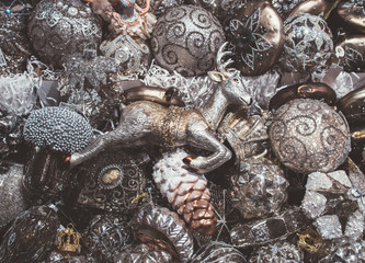 Deer, christmas tree decorations, all in one color, grey  background / Олень, елочные украшения, фон серого цвета