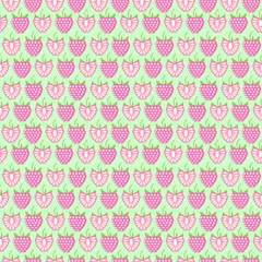 Fototapeta premium Seamless fruits vector pattern, pastel symmetrical background with raspberries, whole and half, over light backdrop