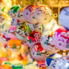 traditional christmas market decoration, kiosk full of decorated balls