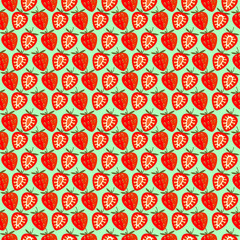 Seamless fruits vector pattern, bright color symmetrical background with strawberries, whole and half, over green backdrop