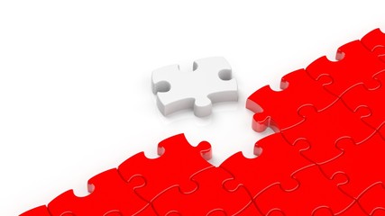 Abstract red puzzle pieces background  with one white and copy-space.