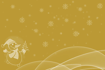 Snowman holding little Christmas tree with snowflakes on ochre background