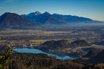 View at Lake Bled from Pokljuka with Karavanke mountain range in the background.