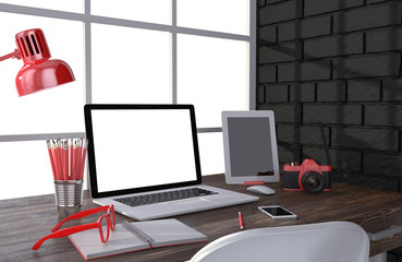 3D illustration laptop and work stuff on table near brick wall, Workspace