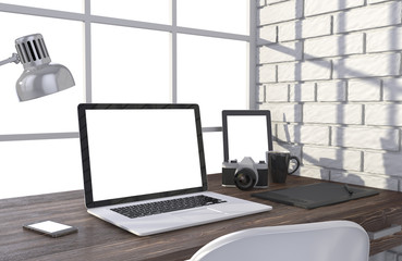 Fototapeta na wymiar 3D illustration laptop and work stuff on table near brick wall, Workspace