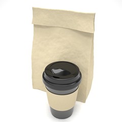 Coffee to go and lunch bag, on white.