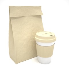 Coffee to go and lunch bag, on white.