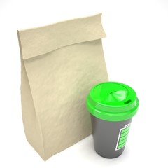 Coffee to go and lunch bag, on white.