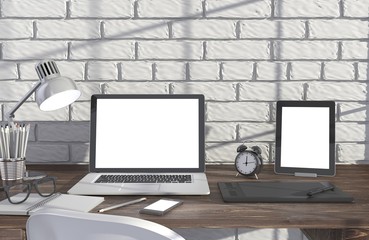 Fototapeta premium 3D illustration laptop and work stuff on table near brick wall, Workspace