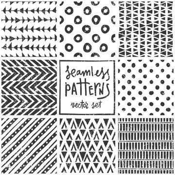 Set of 8 primitive geometric patterns. Tribal seamless backgrounds. Stylish trendy print. Modern abstract wallpaper. Vector illustration.