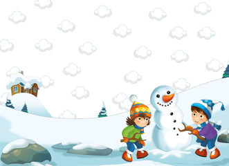Cartoon happy winter scene - boy and girl making a snowman - illustration for the children