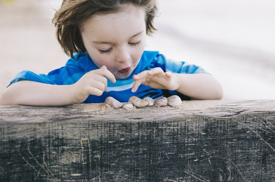 Boy at beach counting shells lined up on breakwater