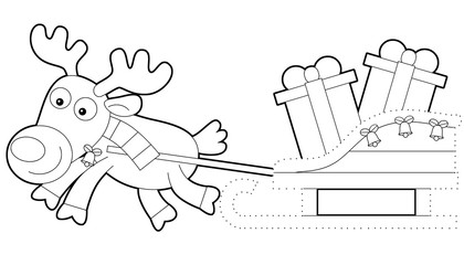 Cartoon scene of reindeer running with presents - illustration for children