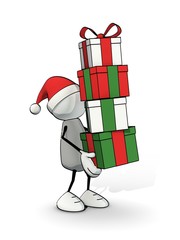 little sketchy man with santa hat carrying a pile of x-mas gift-boxes