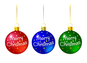 Set of colored Christmas balls with a wish of Merry Christmas